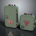 Two Green Electrical Boxes Featuring Red Lightning Symbols And Secure Metal Latches 3d model