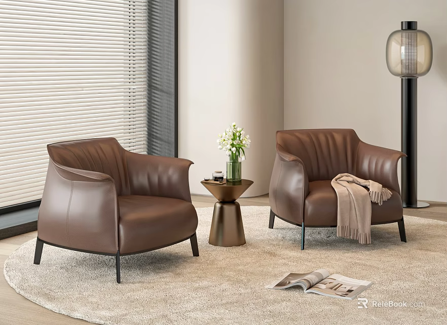 Brown Leather Leisure Sofa Set with Modern Armchairs Small Round Table Flower Vase Floor Lamp 3d model 