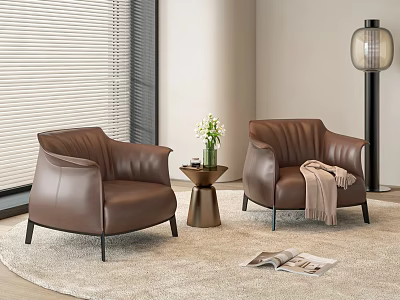 Brown Leather Leisure Sofa Set with Modern Armchairs Small Round Table Flower Vase Floor Lamp 3d model