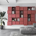 Modern Modular Cube Bookcase With Books Decorative Items In Living Room With Sofa And Plant