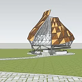 Modern Geometric Outdoor Pavilion With Wooden Panels Green Lawn Curved Pathway And Trees
