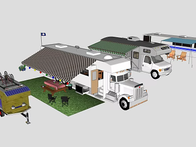 RV Campsite Setup With Multiple RVs Awnings Chairs Tables Solar Panels And Grass Area 3d model