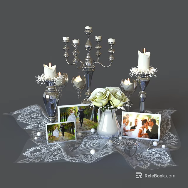 Decorative Ornament Set With Silver Candelabra Candles White Roses Photos On Lace Tablecloth And Beads 3d model 