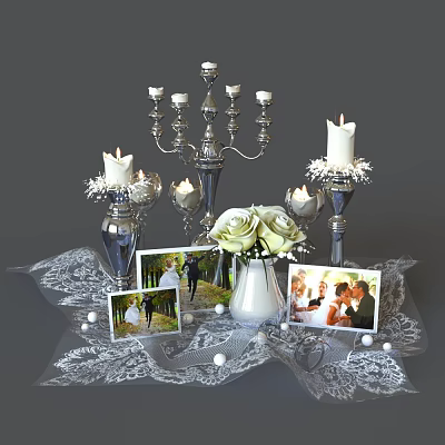 Decorative Ornament Set With Silver Candelabra Candles White Roses Photos On Lace Tablecloth And Beads 3d model