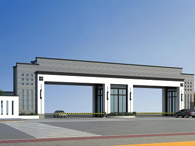 Modern Building Entrance Gate With Glass Panels Columns And Vehicles Nearby 3d model