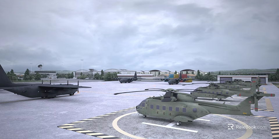 Aerial Planning of Military Helicopter Landing Zone With Multiple Aircraft and Paved Apron Layout 3d model 