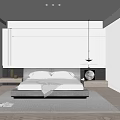 Sleek Modern Bedroom Interior With Grey Platform Bed Pendant Light And Curtains 3d model
