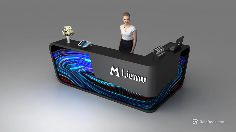 Modern Liemu Reception Desk with Colorful Wavy LED Lights and Tablet Vase Keyboard Setup 3d model 
