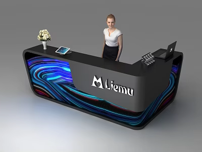 Modern Liemu Reception Desk with Colorful Wavy LED Lights and Tablet Vase Keyboard Setup 3d model