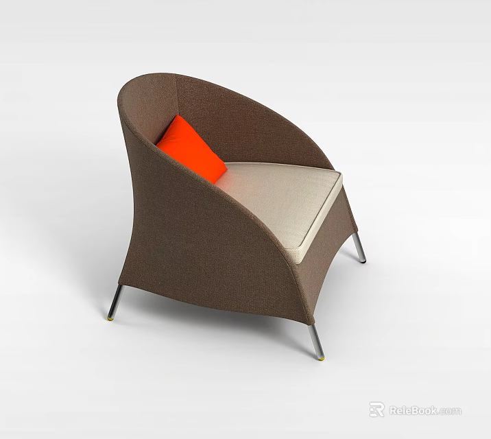 Modern Brown Woven Leisure Chair With Orange Cushion Light Gray Seat And Metal Legs 3d model 