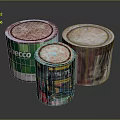 Three Colorful Paint Cans With Rusty Lids And Brand Labels