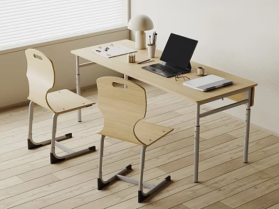 Wooden Desk And Chair Set in Modern Room with Laptop Lamp and Papers 3d model