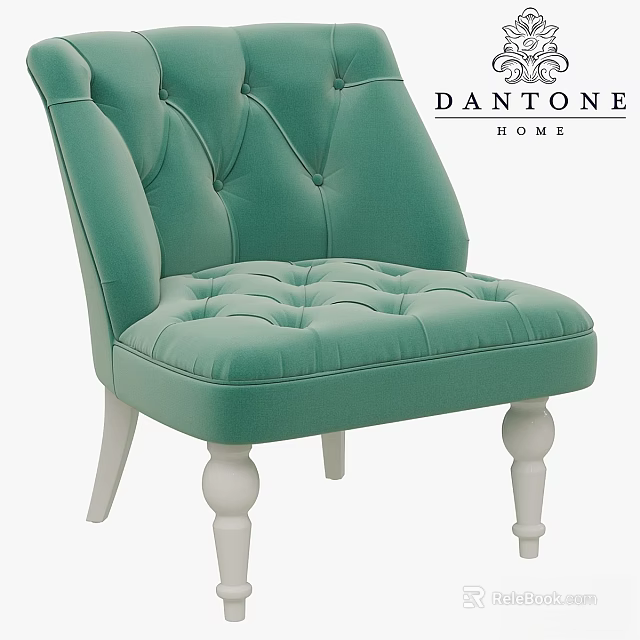 Turquoise Velvet Accent Chair with Tufted Backrest and Seat and White Wooden Legs 3d model 