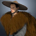 A Man With Large Straw Hat Brown Furry Shawl Gray Clothing And Two Different Angles