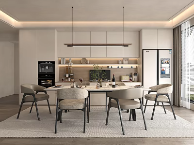 Modern Restaurant Interior With Open Layout Wooden Dining Table Comfortable Chairs And Pendant Lights 3d model