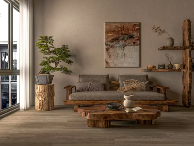 Natural Wooden Sofa And Coffee Table Set With Potted Plant Wall Painting And Decorative Shelf 3d model