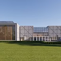 Industrial Factory Building Modern Geometric Facade With Green Lawn Trees And White Car