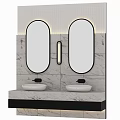 Modern Bathroom Vanity With Double Washbasins Round Mirrors And Marble Wall