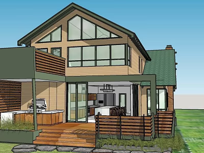 Modern Detached Villa Exterior With Large Windows Green Roof And Wooden Porch Deck 3d model