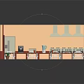 Simple Dining Interior With Multiple Tables Chairs Dark Wooden Floor Windows And Cabinets