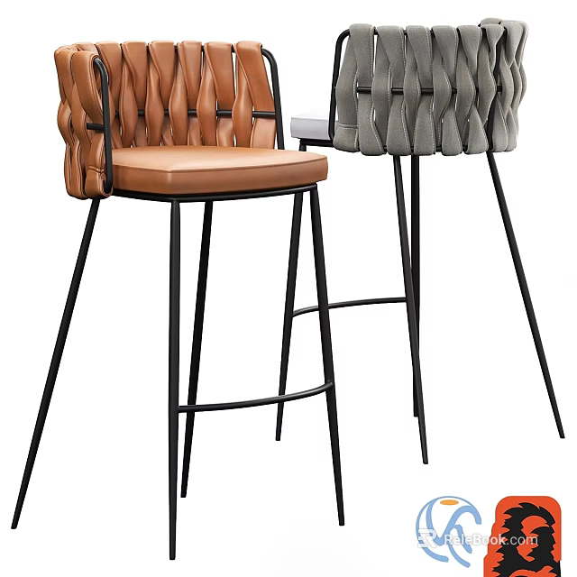 Modern Bar Stool With Woven Backrest Leather Seat And Black Metal Legs 3d model 