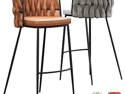 Modern Bar Stool With Woven Backrest Leather Seat And Black Metal Legs 3d model