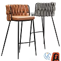 Modern Bar Stool With Woven Backrest Leather Seat And Black Metal Legs