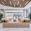 Modern Service Hall Interior With Spacious Space Orange Seats Service Counters And Wooden Ceiling