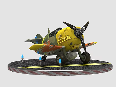 Yellow Vintage Propeller Airplane Model On Red White Striped Display Stand With Blue Lights 3d model