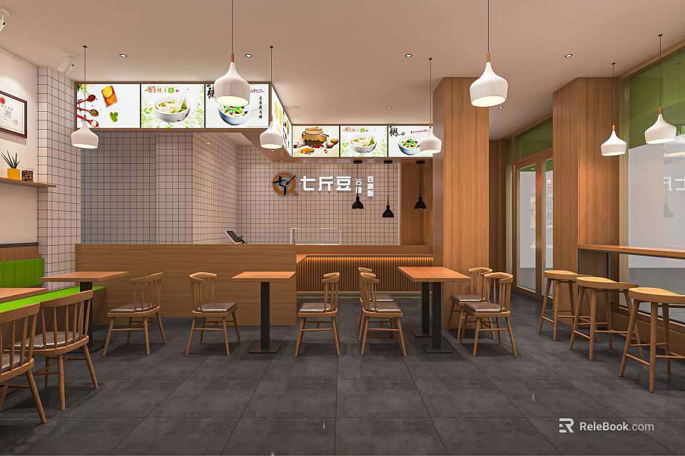 Modern Restaurant Interior With Wooden Tables Chairs Hanging Lights And Menu Boards 3d model 