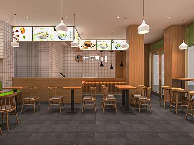 Modern Restaurant Interior With Wooden Tables Chairs Hanging Lights And Menu Boards 3d model
