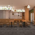 Modern Restaurant Interior With Wooden Tables Chairs Hanging Lights And Menu Boards