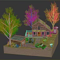 Cartoon Model Scene With Brown House Chimney Green Trees Small Shed and Vintage Car