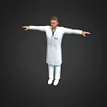 Man in White Coat and White Pants With ID Badge Standing With Arms Outstretched
