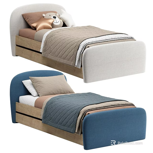 Kids Bed With Blue And White Upholstered Headboard Wooden Frame Brown And Blue Quilt 3d model 