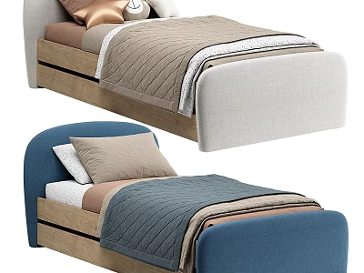 Kids Bed With Blue And White Upholstered Headboard Wooden Frame Brown And Blue Quilt 3d model
