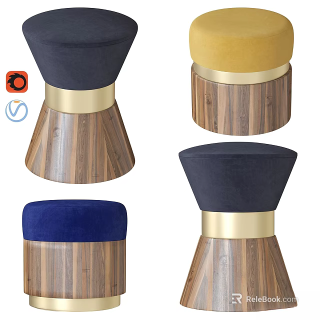 Modern Sofa Stools with Colorful Upholstery Wooden Base and Golden Accents 3d model 