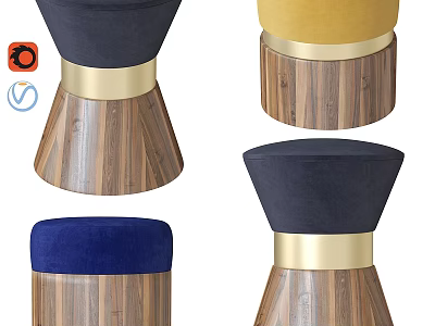 Modern Sofa Stools with Colorful Upholstery Wooden Base and Golden Accents 3d model