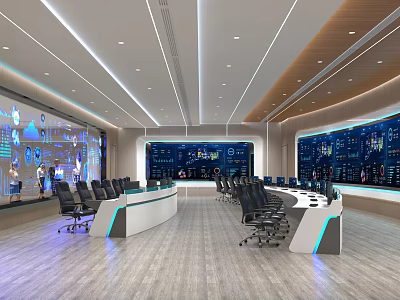 Modern High Tech Control Room Interior With Multiple Monitor Screens Consoles And Workstations 3d model