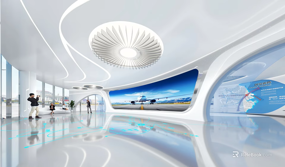 Modern Exhibition Hall With Curved White Ceiling Circular Light And Large Airplane Scene 3d model 