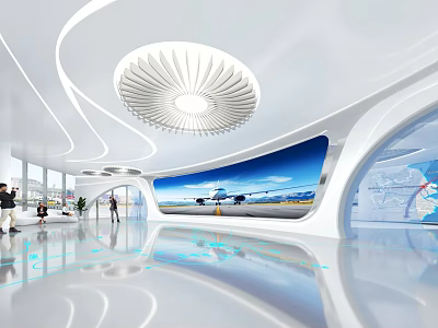 Modern Exhibition Hall With Curved White Ceiling Circular Light And Large Airplane Scene 3d model