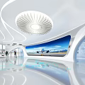 Modern Exhibition Hall With Curved White Ceiling Circular Light And Large Airplane Scene