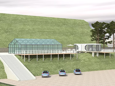 Industrial Factory With Glass Exterior On Lush Hillside Surrounding Trees And Parking Space 3d model