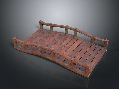Detailed Traditional Wooden Bridge Structure With Curved Plank Deck And Railings 3d model