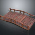 Detailed Traditional Wooden Bridge Structure With Curved Plank Deck And Railings