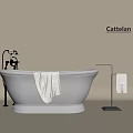 Elegant White Bathtub With Gold Faucet Hanging Towel And Towel Rack By Cattelan