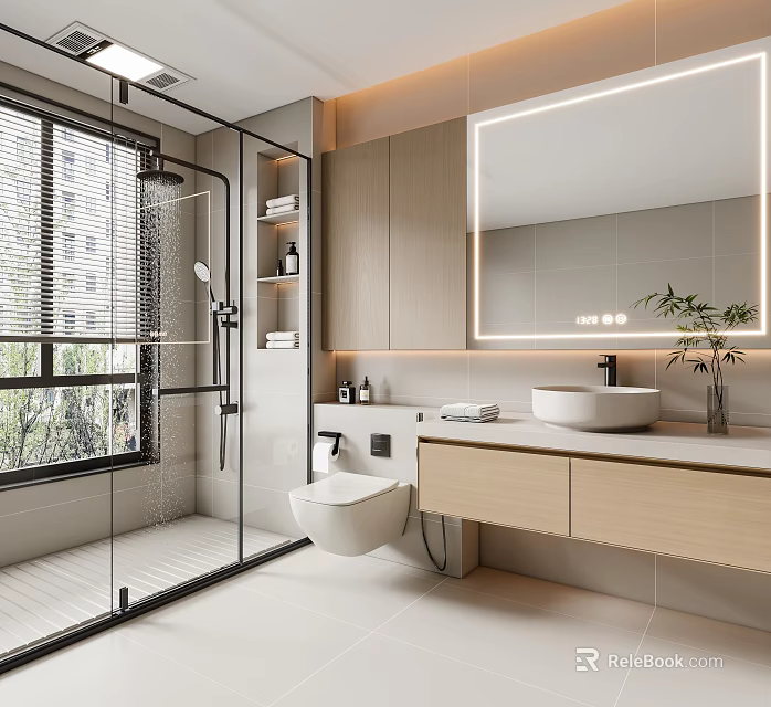 Modern Bathroom Interior Design With Glass Shower Wall Mounted Toilet And Wooden Vanity 3d model 