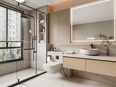 Modern Bathroom Interior Design With Glass Shower Wall Mounted Toilet And Wooden Vanity 3d model