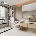 Modern Bathroom Interior Design With Glass Shower Wall Mounted Toilet And Wooden Vanity