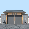 Traditional Chinese Entrance Gate With Black Tiled Roof Stone Lions And Wooden Doors